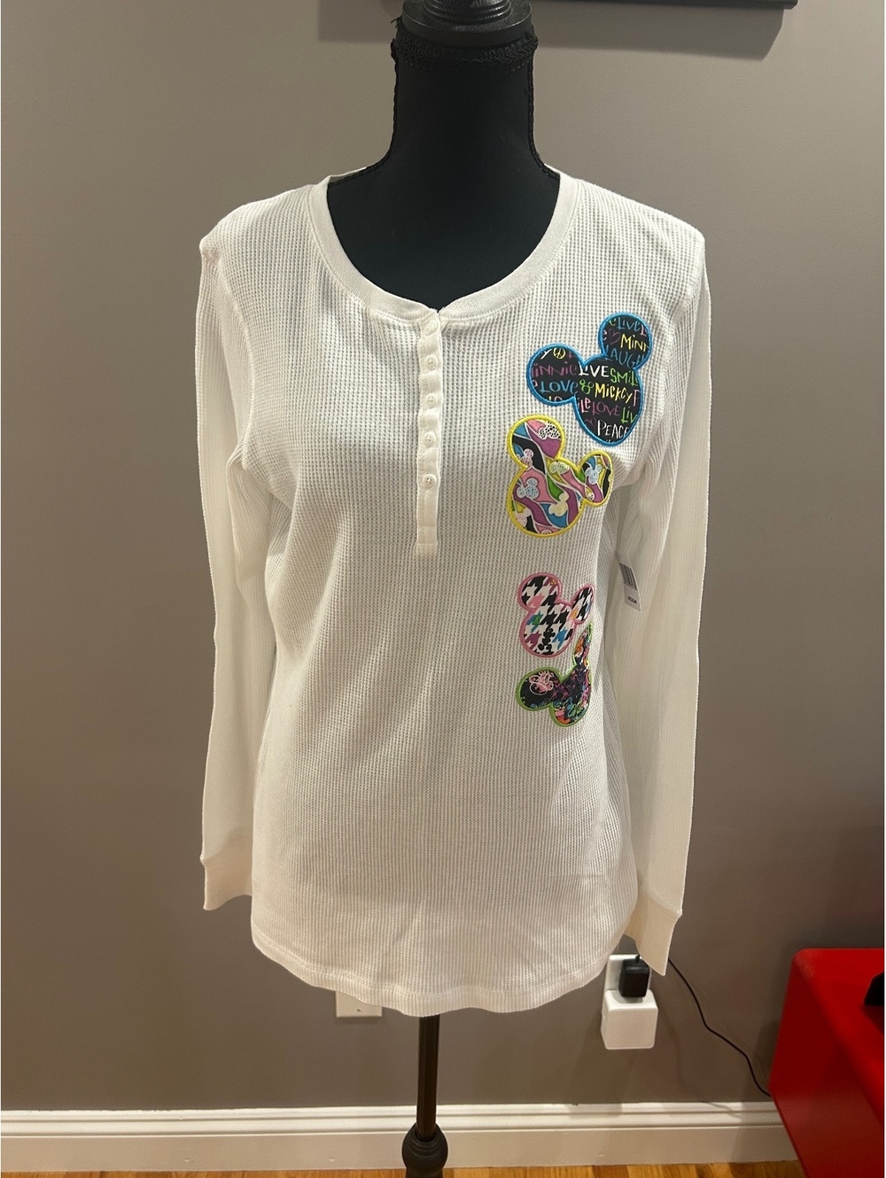 Disney Parks Women's White Long Sleeve Thermal Shirt with Mickey Mouse Patches M